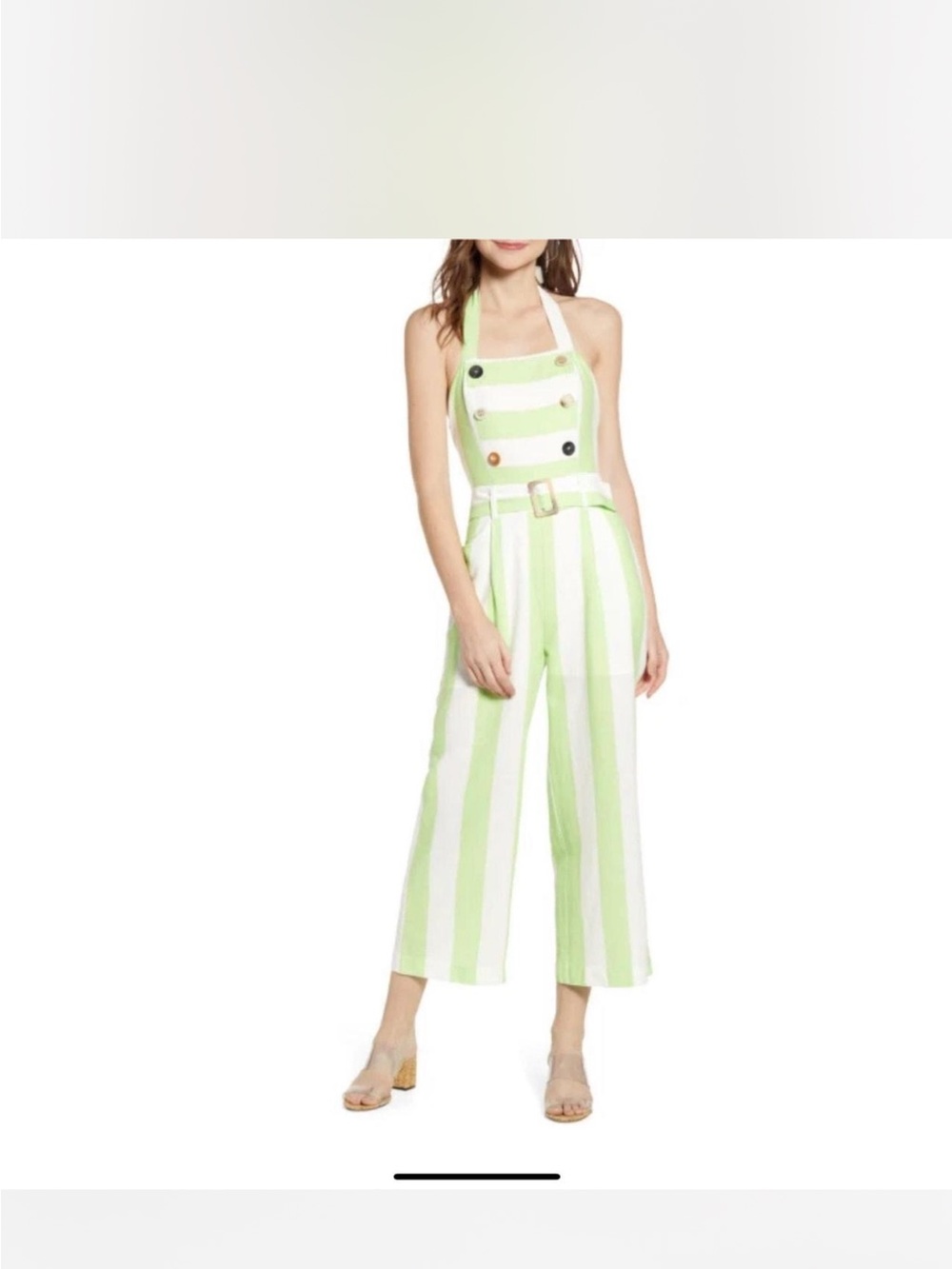 Moon river neon Green & white striped jumpsuit with halter neck and tie back